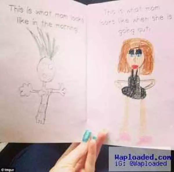 6yr old girl draws brutally honest protrait of how mum looks like in the morning vs when she is going out